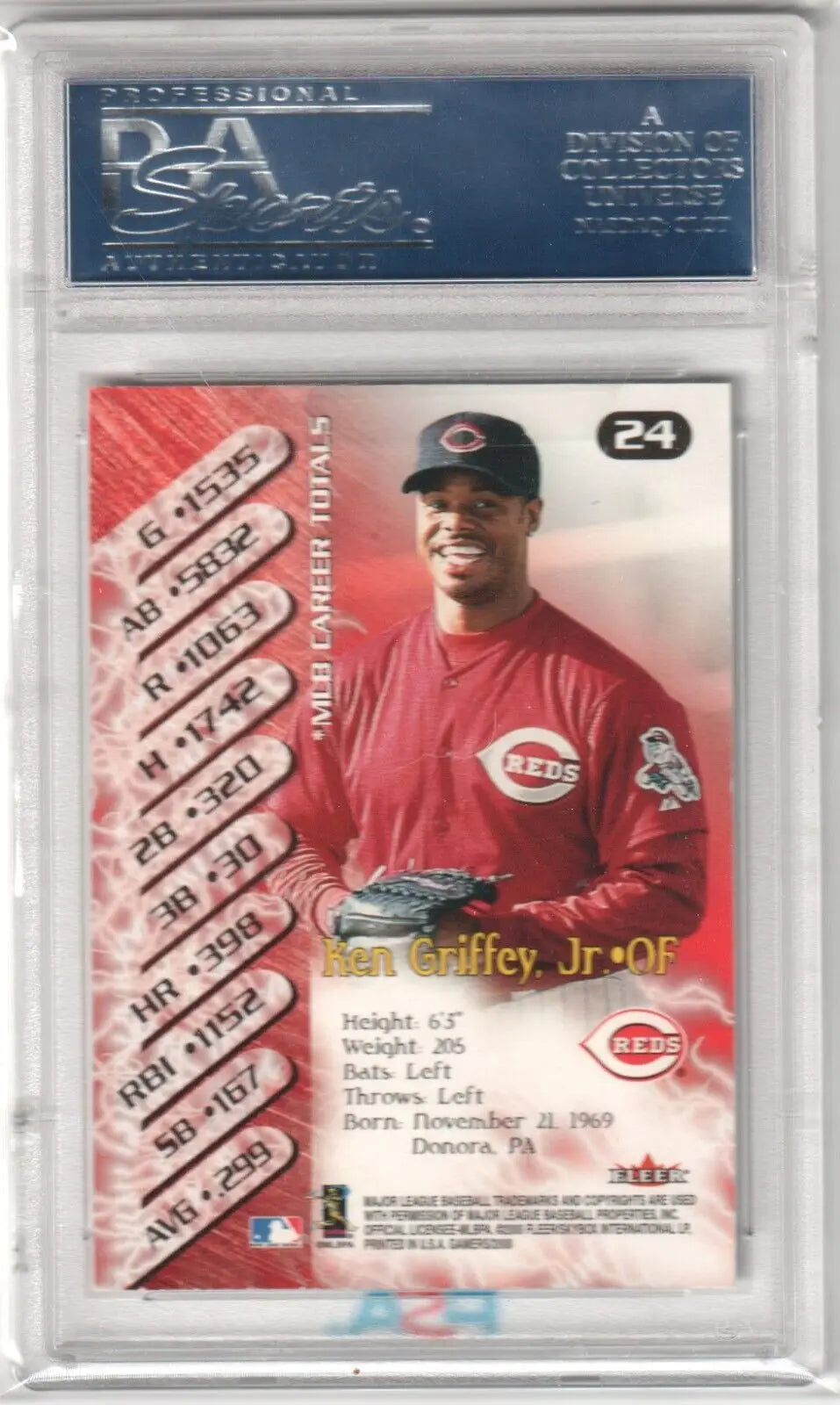 Baseball trading card of Ken Griffey Jr in protective case for Columbia Hobby single cards