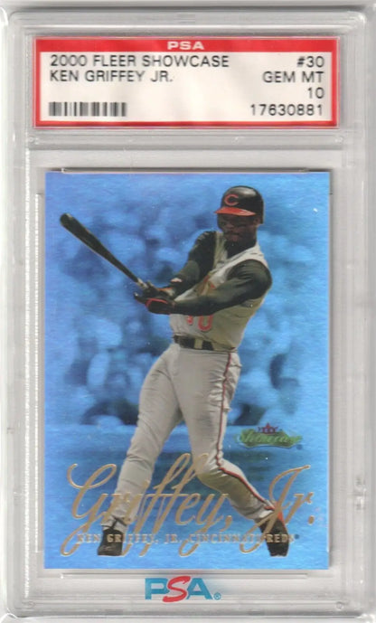 PSA 10 Ken Griffey Jr 2000 Fleer Showcase baseball card single card against blue background