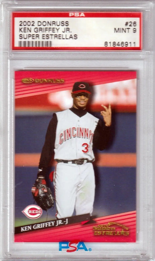 PSA-graded Ken Griffey Jr. 2002 Donruss Super Estrellas baseball card in case, Columbia Hobby