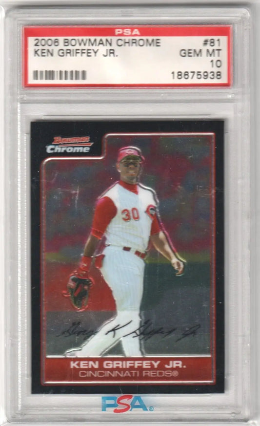 PSA-graded 2008 Bowman Chrome Ken Griffey Jr. baseball card in protective case from Columbia Hobby