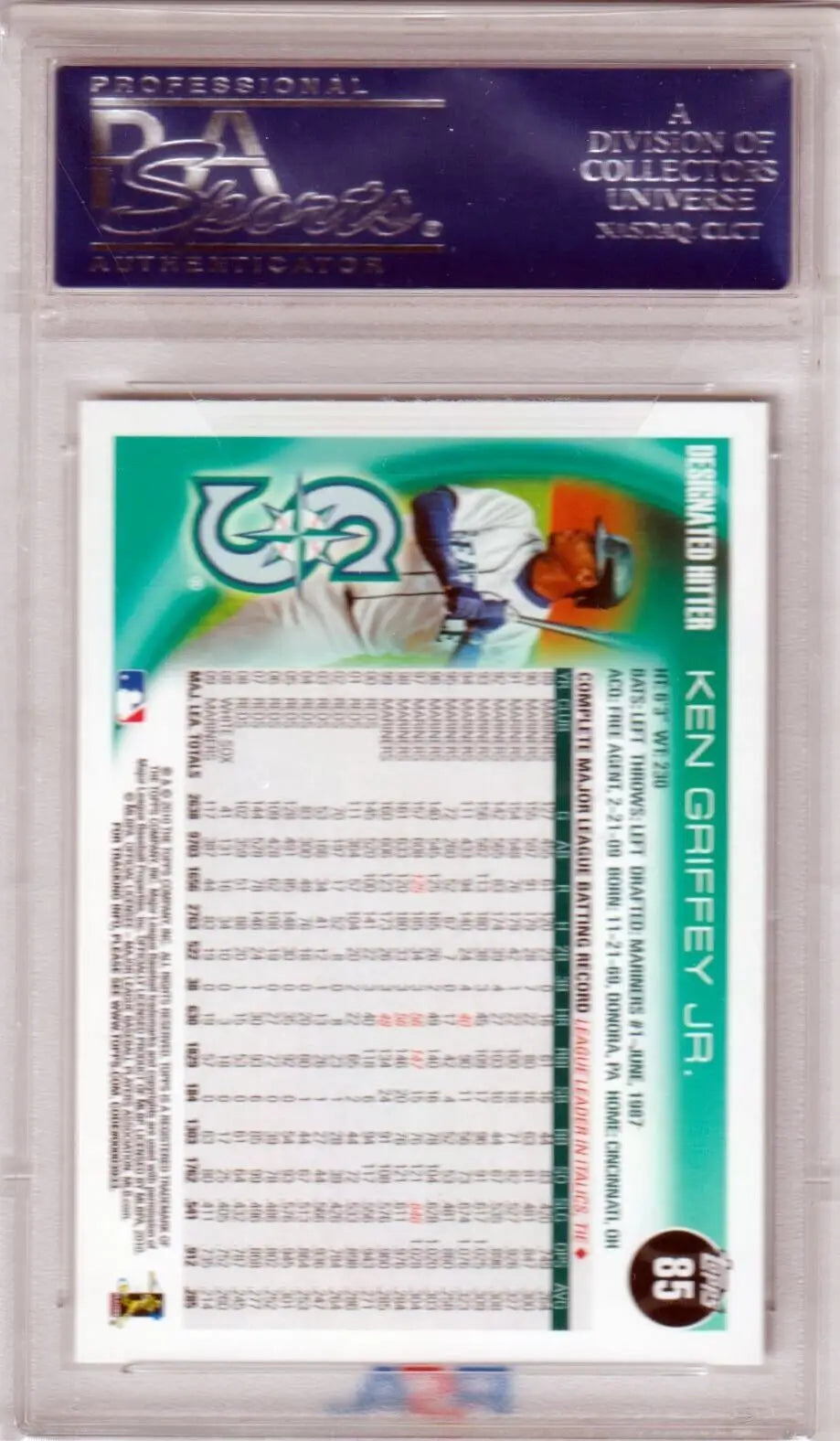 PSA-graded KEN GRIFFEY JR 2010 Topps #85 GEM MINT card in clear protective case