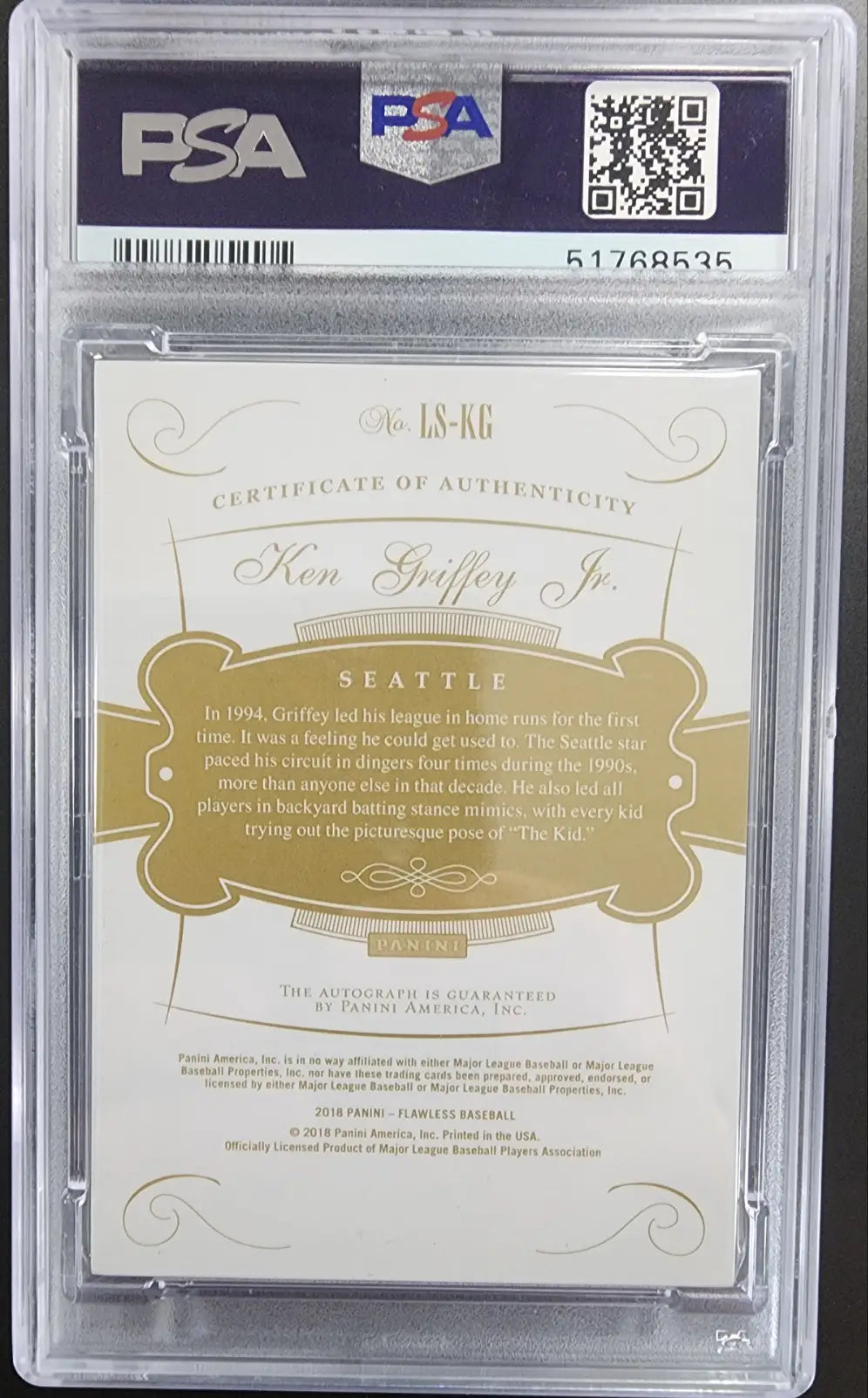 PSA-graded Ken Griffey Jr. 2018 Panini Flawless Legendary Signatures Sapphire card in case