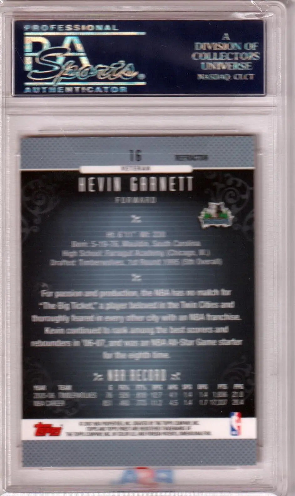 PSA-graded basketball trading card back showing player stats for Kevin Garnett Timberwolves