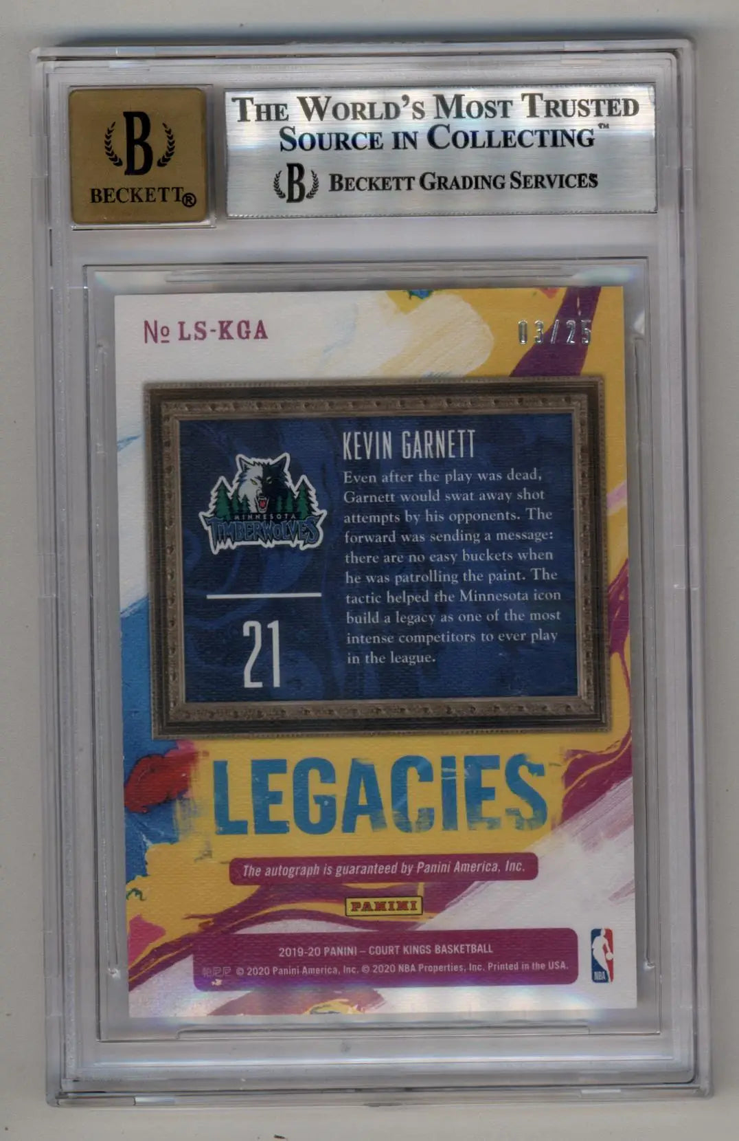 Graded Kevin Garnett 2019-20 Court Kings Legacies Signatures Ruby 03/25 card BGS 9 Mint