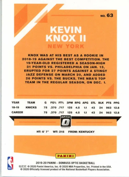 Kevin Knox II 2019–20 Panini Optic New York Knicks Basketball NBA #63 collectible card