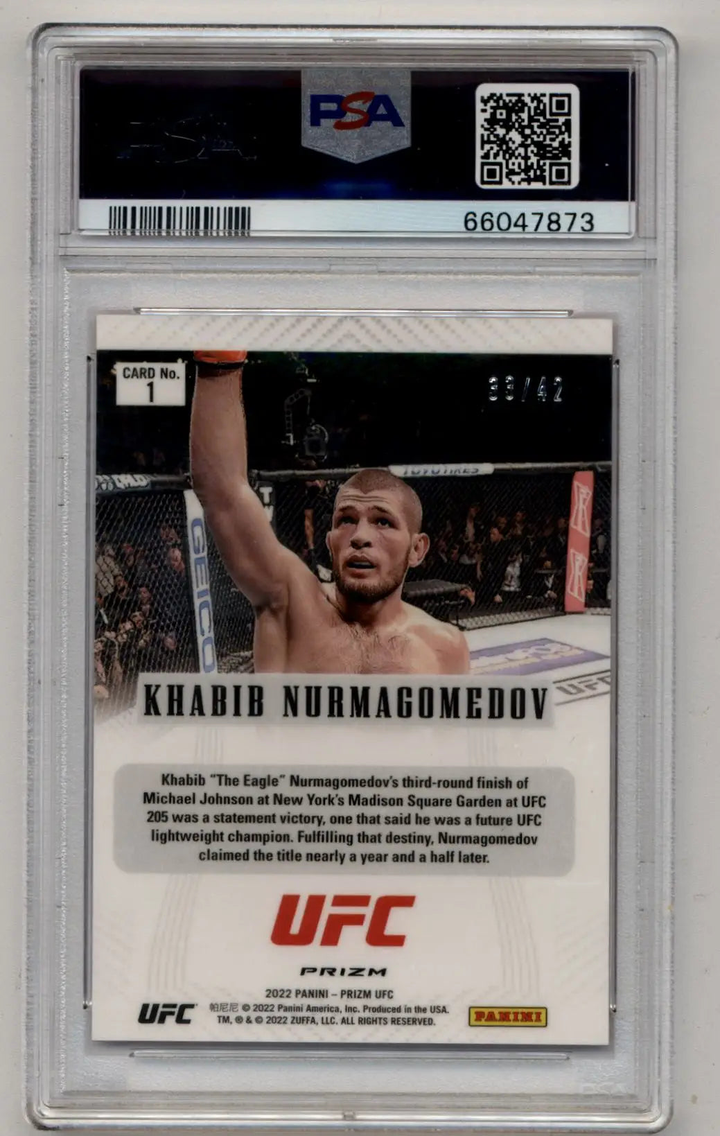 PSA 9 Mint Khabib Nurmagomedov Prizm UFC Flashback Pink Pulsar card in octagon celebration