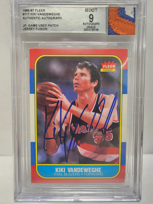 Graded Kiki Vandeweghe 1986 Fleer Basketball Jersey Fusion Patch Auto in protective case