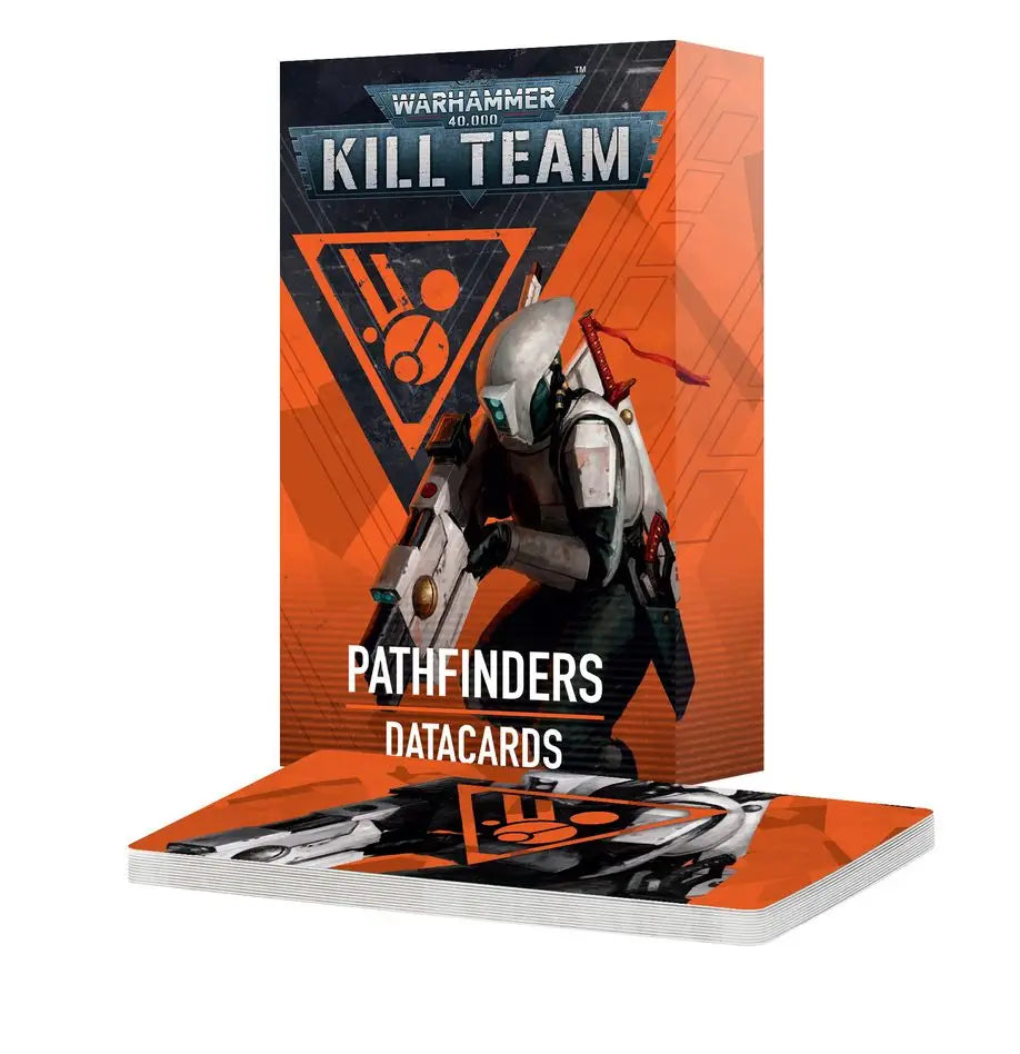 Kill Team Pathfinders datacards box featuring an orange and black geometric design