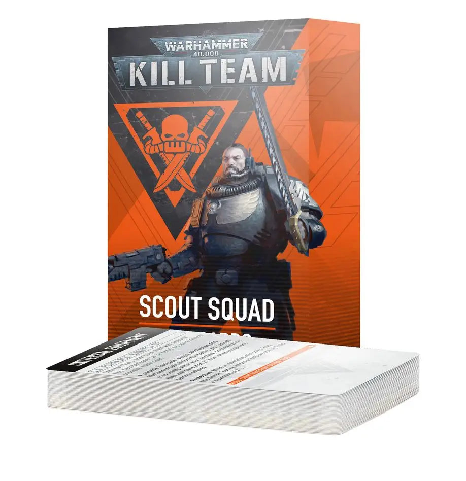 Kill Team Scout Squad Datacards featuring an armored warrior in orange packaging