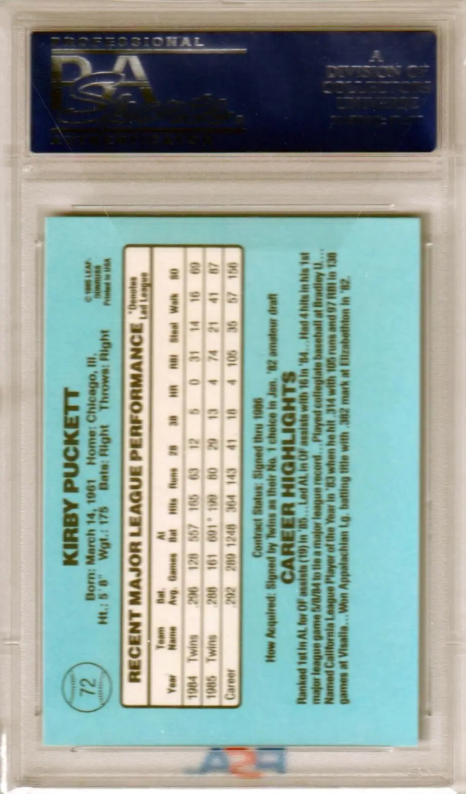 KIRBY PUCKETT 1986 Donruss #72 PSA 10 GEM MINT single card on light blue background