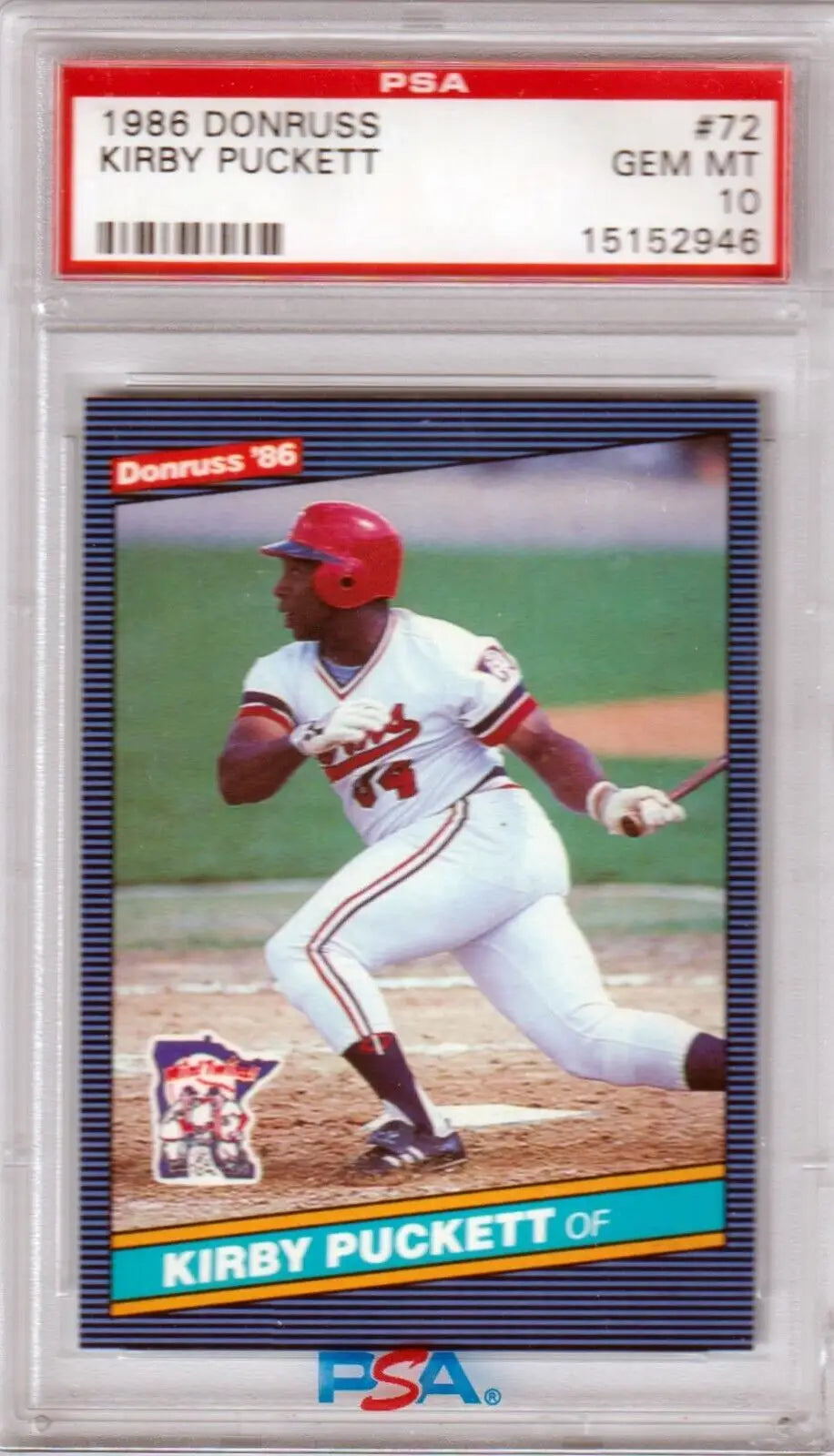 PSA 10 GEM MINT 1986 Donruss Kirby Puckett single card in Twins uniform, Columbia Hobby