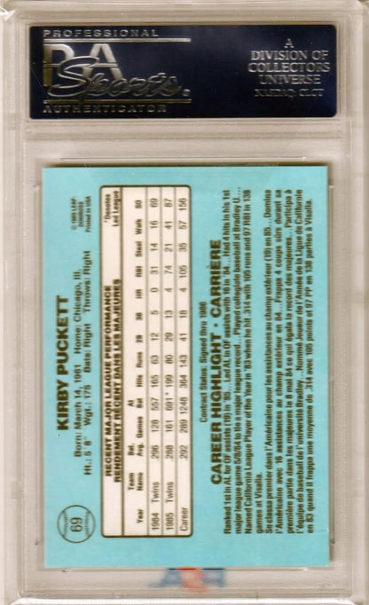 Kirby Puckett 1986 Leaf #69 PSA 10 Gem Mint baseball trading card in protective holder