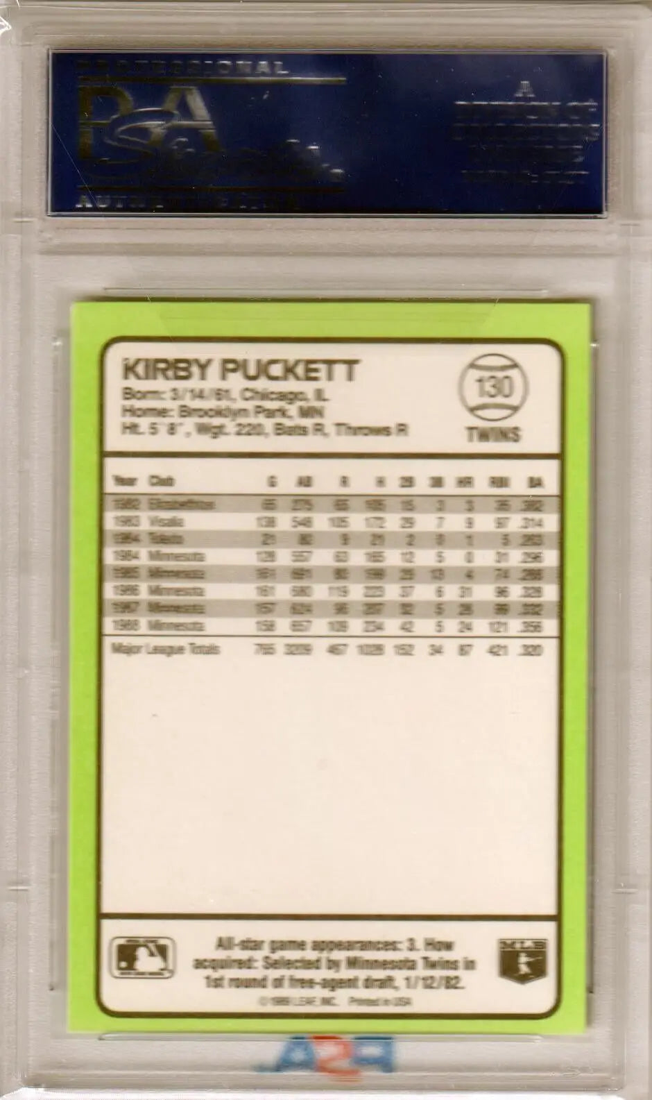 KIRBY PUCKETT 1989 Donruss Baseball card with lime green border and stats, Columbia Hobby