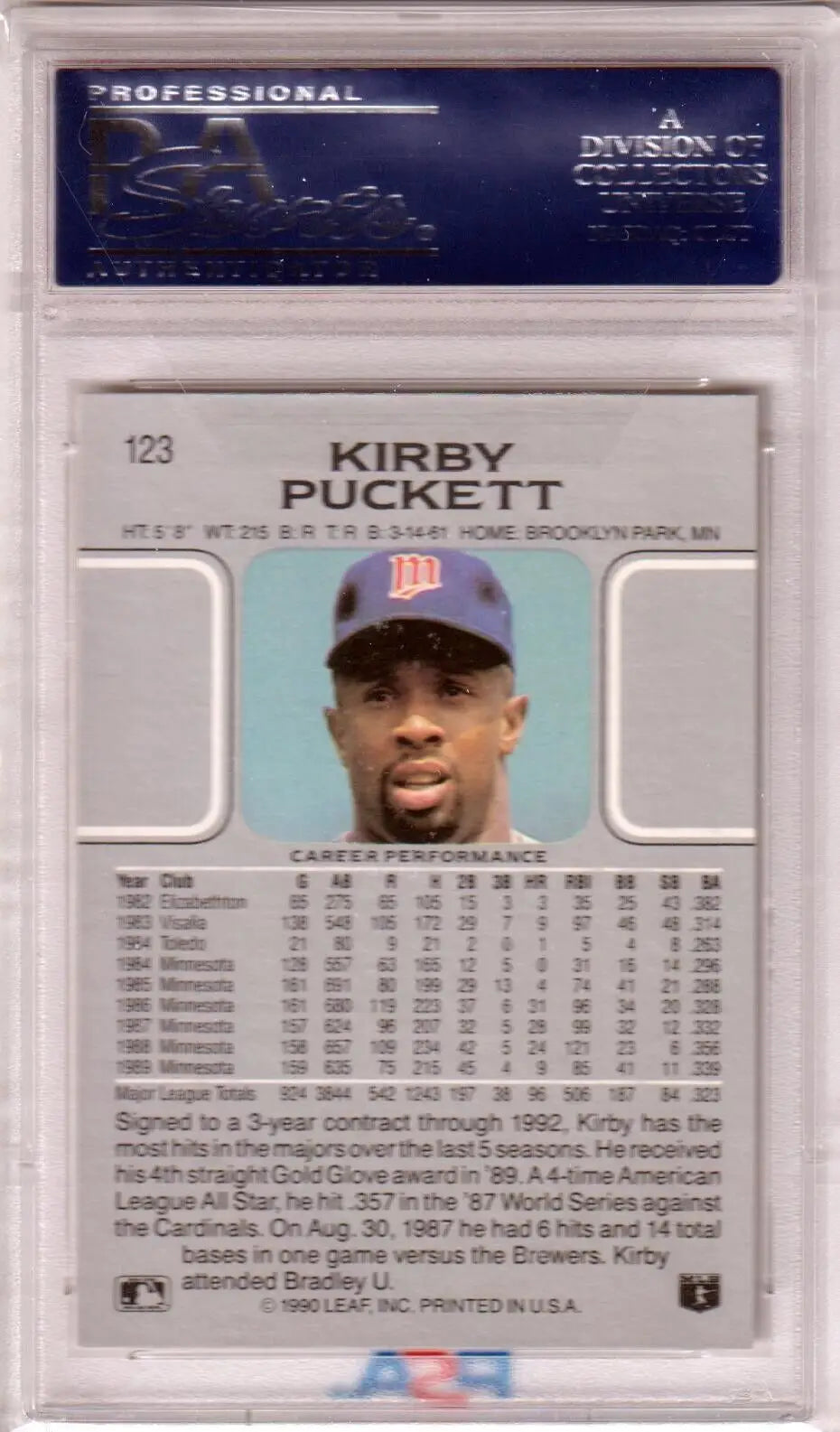 Kirby Puckett 1990 Leaf #123 PSA 10 GEM MINT in case, ideal for single cards collection