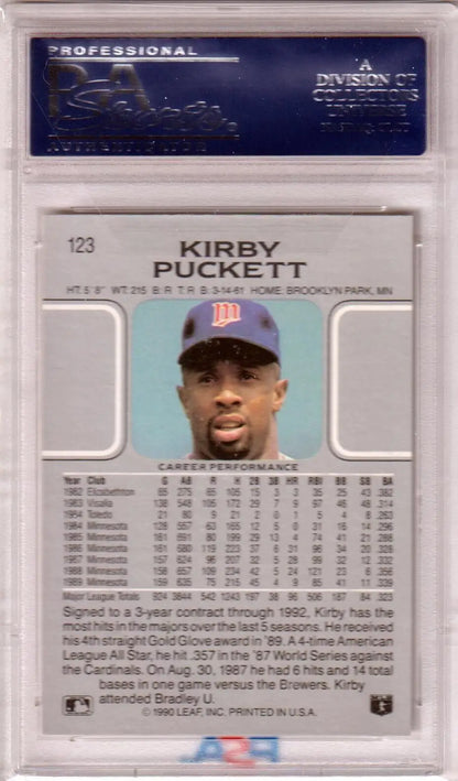 Kirby Puckett 1990 Leaf #123 PSA 10 GEM MINT in case, ideal for single cards collection