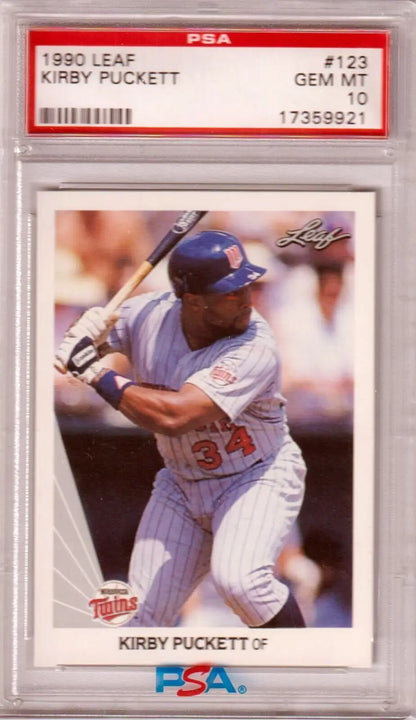 PSA 10 GEM MINT Kirby Puckett 1990 Leaf single card featuring Minnesota Twins player at bat