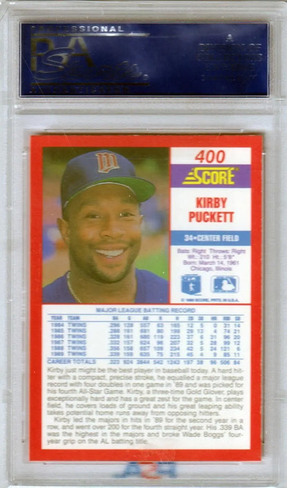 Baseball card in protective case featuring KIRBY PUCKETT 1990 Score #400 from Columbia Hobby