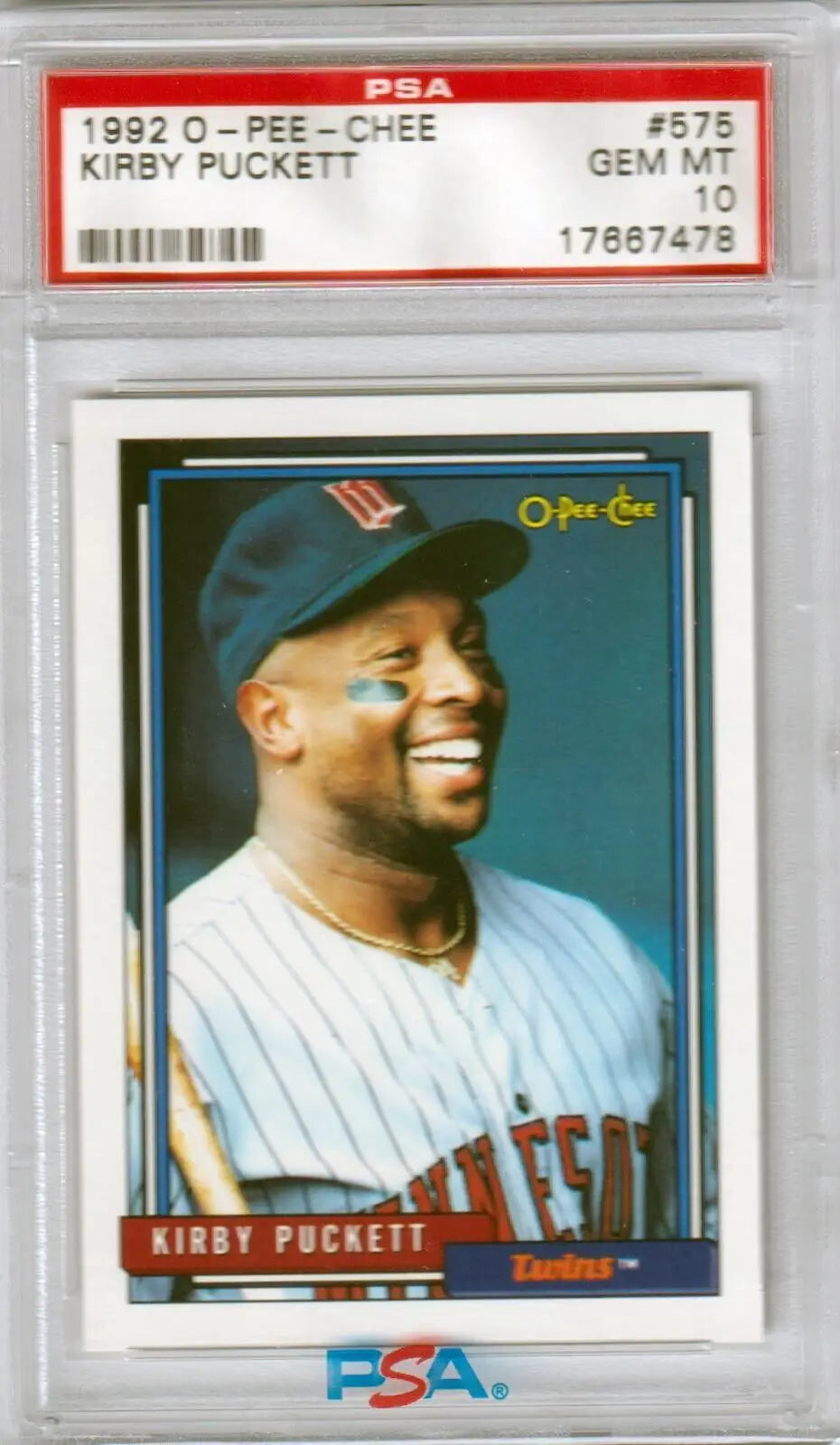 PSA-graded 1992 O-Pee-Chee Kirby Puckett baseball card in case with box free shipping