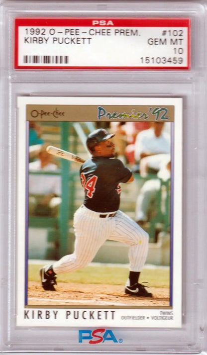 PSA-graded 1992 O-Pee-Chee Premier Kirby Puckett baseball card for sale at Columbia Hobby