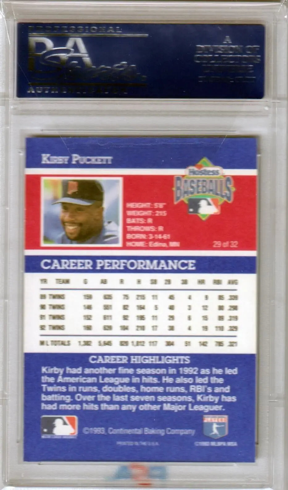 KIRBY PUCKETT 1993 Hostess Twinkies #29 PSA 10 GEM MINT single card in clear case