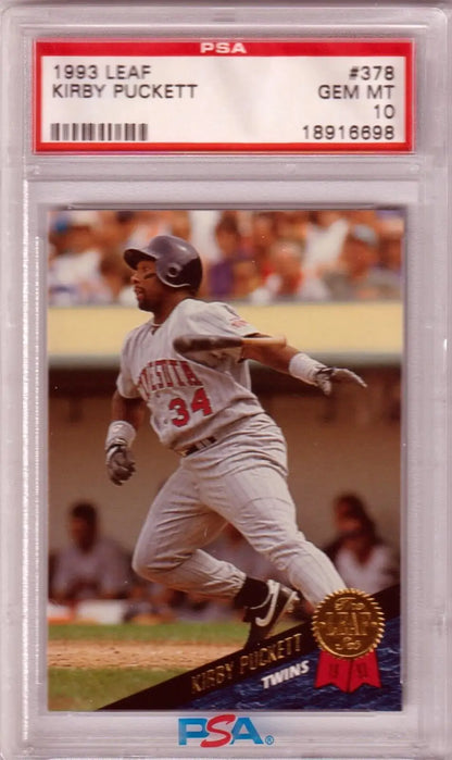 PSA-graded 1993 Leaf Kirby Puckett #378 Gem Mint baseball card in protective case