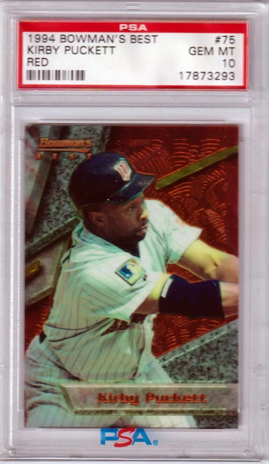 PSA-graded Kirby Puckett 1994 Bowman’s Best Red Refractor #75 in protective case, box free shipping