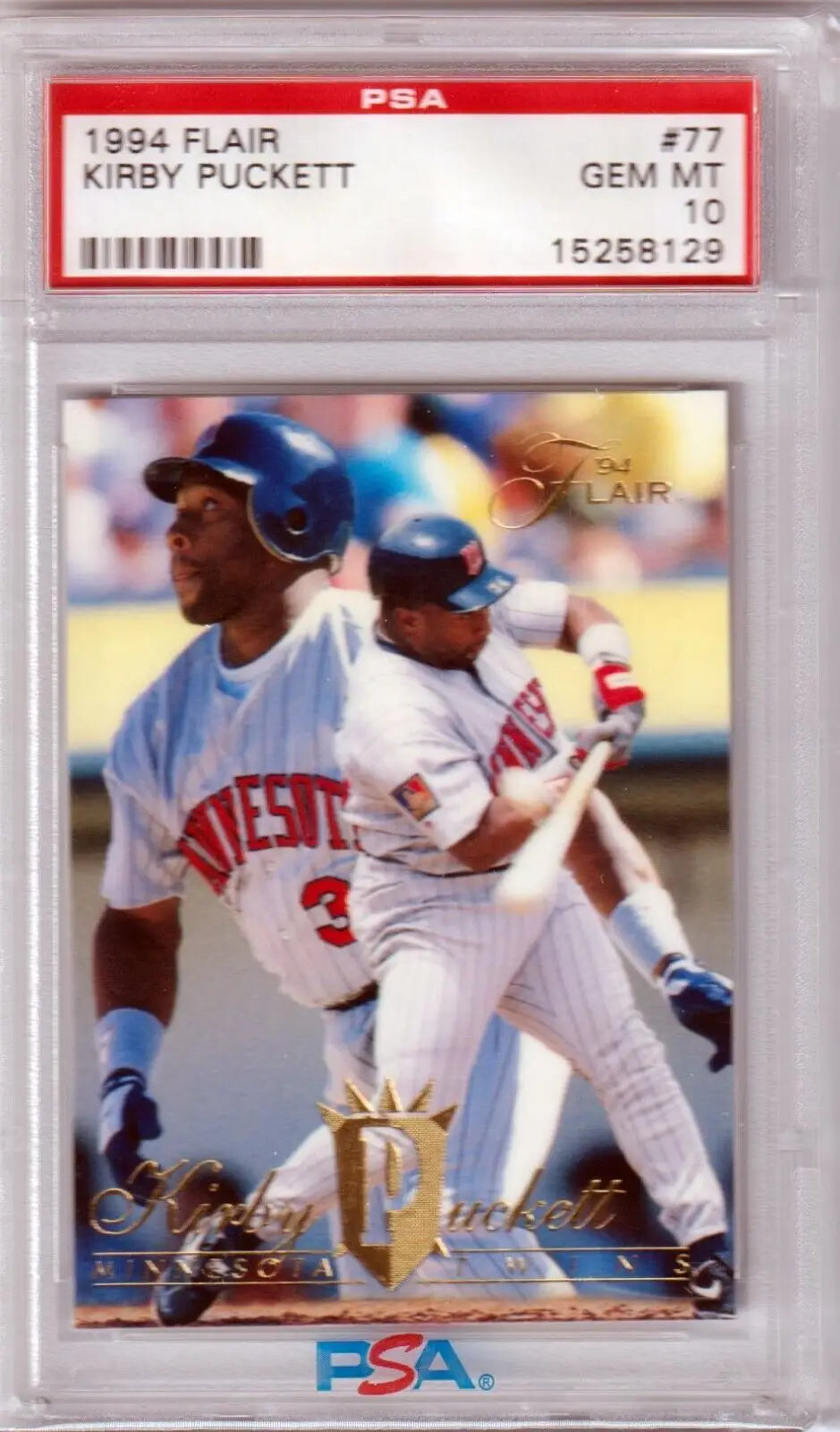 PSA-graded 1994 Flair baseball card of Kirby Puckett bat for sale at Columbia Hobby