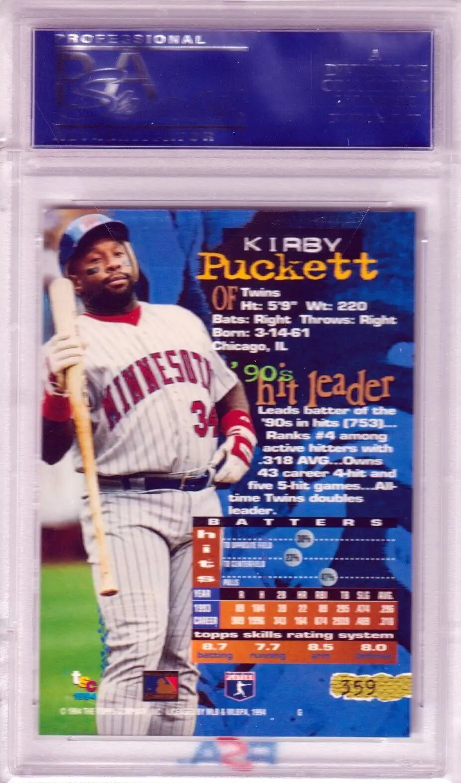 Kirby Puckett 1994 Topps Stadium Club Baseball Card in protective case from Columbia Hobby