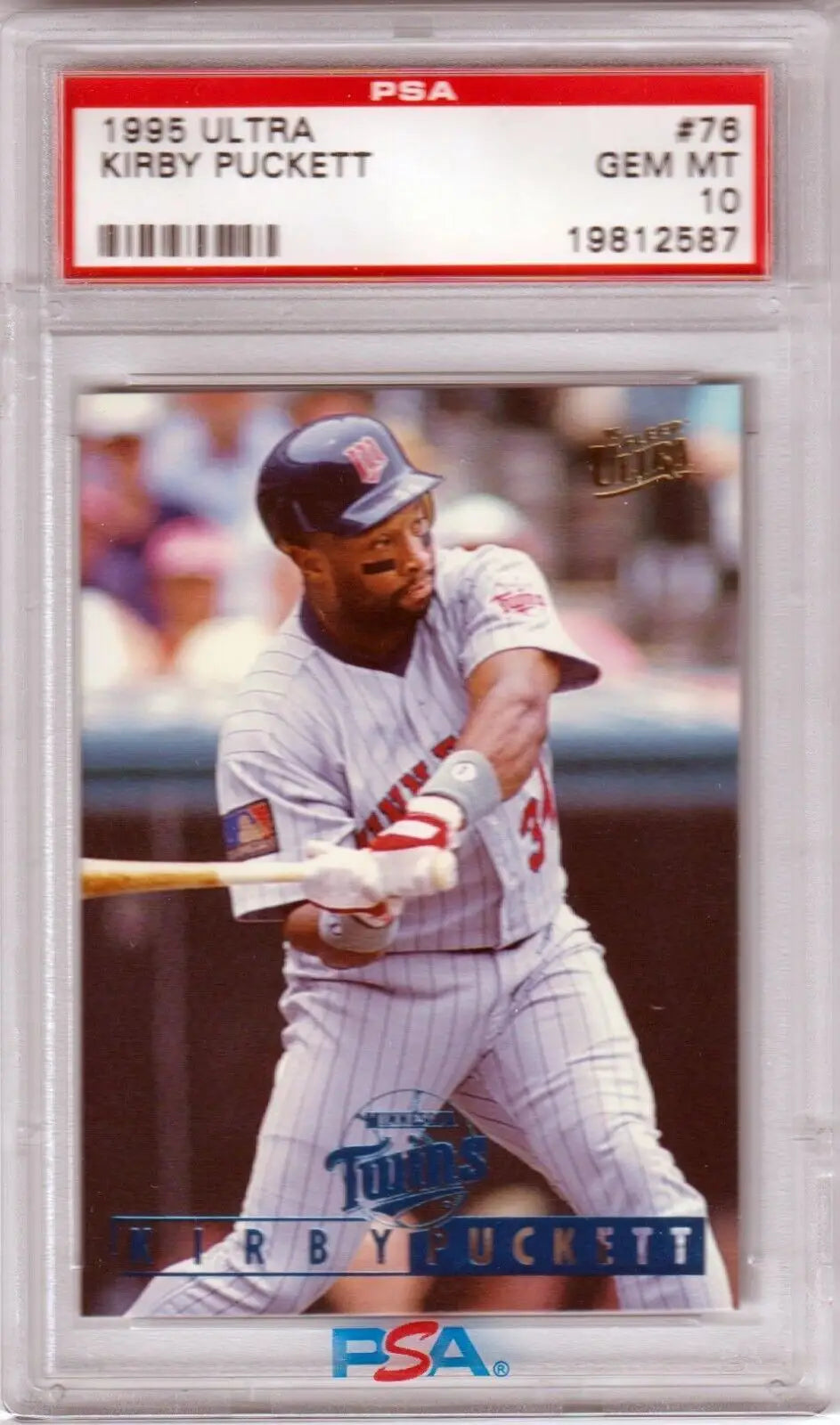 PSA-graded 1995 Ultra Kirby Puckett baseball card in protective case for Columbia Hobby collection