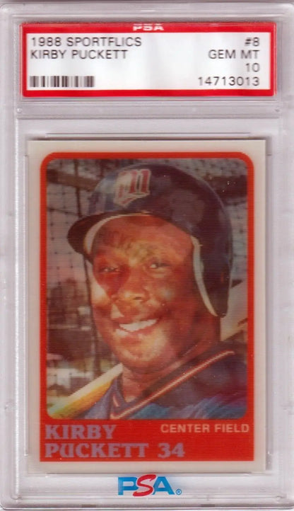 PSA-graded 1988 Kirby Puckett Sportflics baseball card in protective case for Columbia Hobby