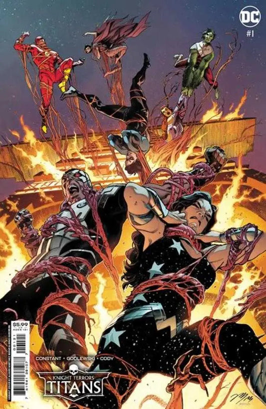 Dynamic cover of Knight Terrors Titans #1 featuring Titans in action and flames