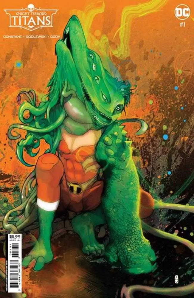 Muscular green reptilian creature in Knight Terrors Titans #1 Card Stock Variant