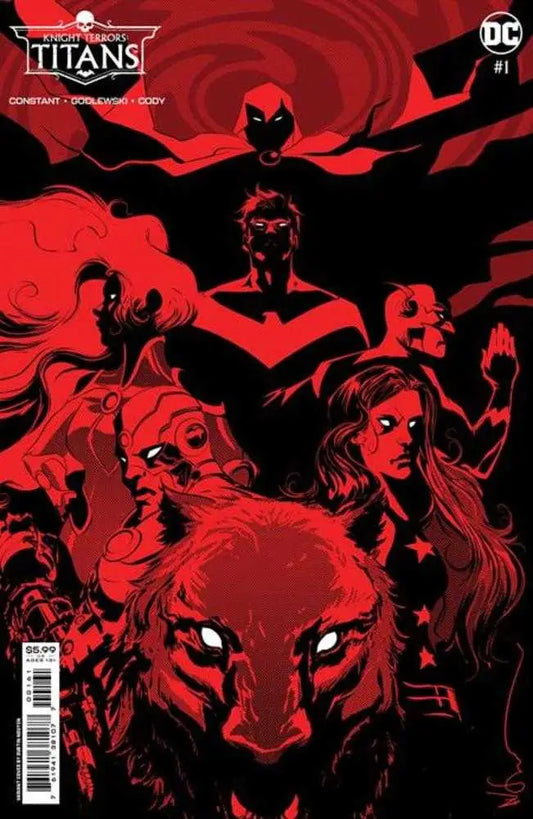 Comic book cover featuring DC heroes in red and black silhouettes for Knight Terrors Titans