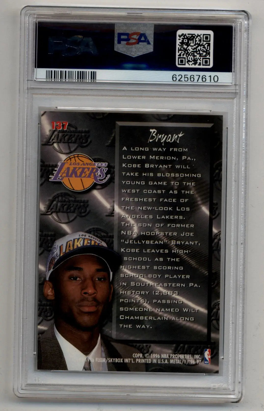 Kobe Bryant 1996-97 Fleer Metal #137 PSA 10 Gem Mint basketball trading card in case