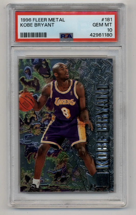 PSA-graded 1996 Fleer Metal Kobe Bryant rookie card in a protective case, Gem Mint condition