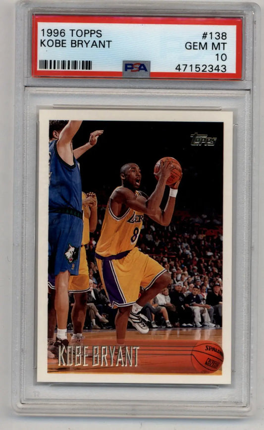 PSA 10 Gem Mint Kobe Bryant 1996-97 Topps Rookie card of Lakers player driving to basket