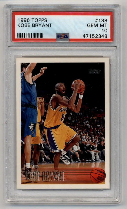 PSA-graded Kobe Bryant 1996 Topps Rookie #138 card in GEM Mint 10 protective case