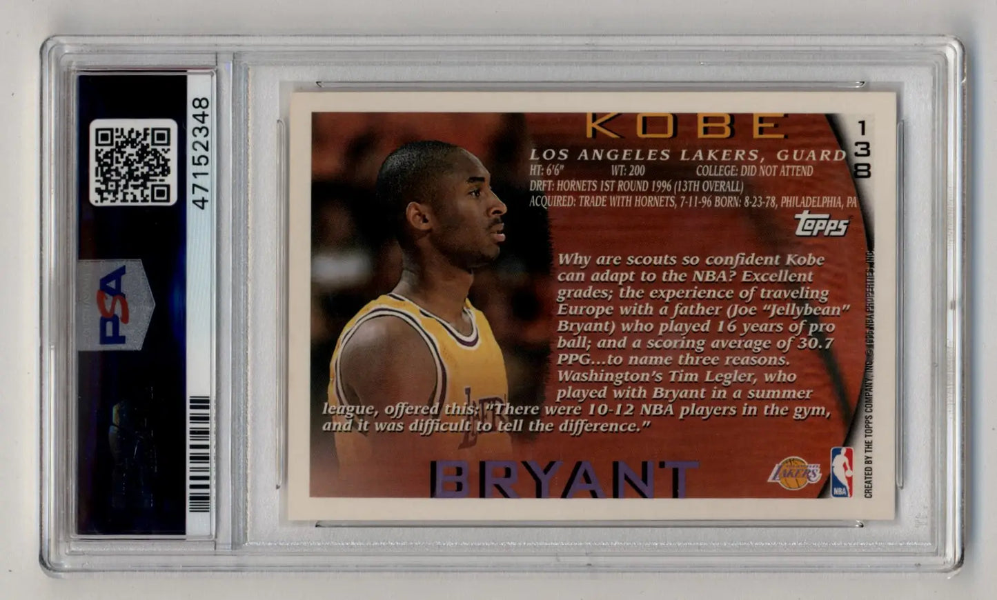 Kobe Bryant 1996-97 Topps Rookie card in a protective case, Gem Mint condition