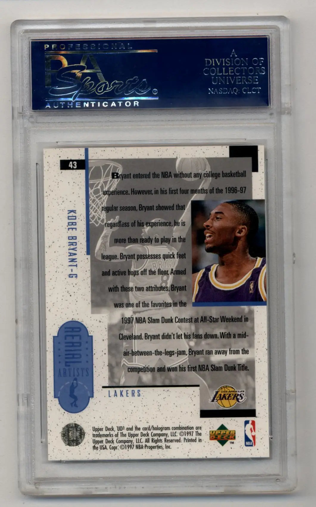 Kobe Bryant 1996-97 UD3 #43 PSA 10 Gem Mint trading card in protective case