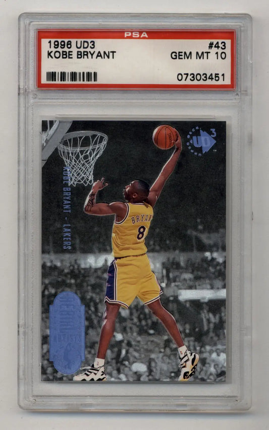 PSA 10 Gem Mint Kobe Bryant 1996-97 UD3 #43 Lakers player dunking basketball card