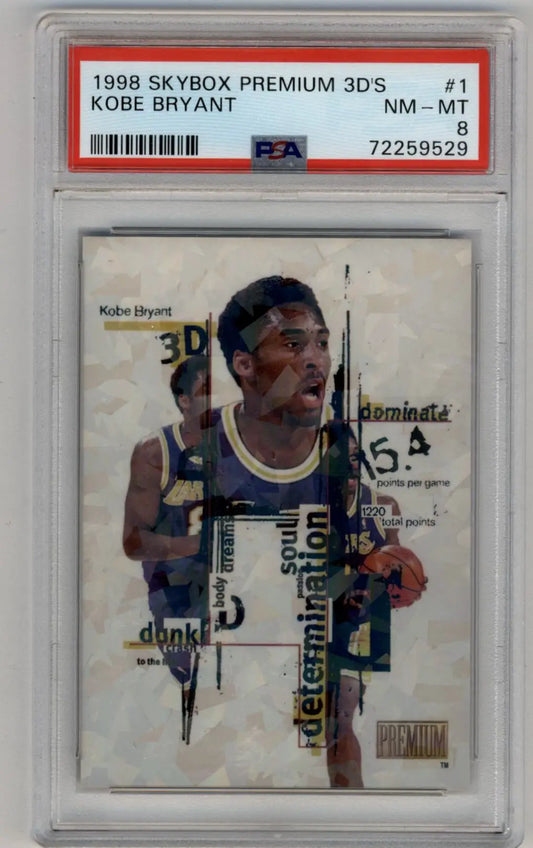 Kobe Bryant 1998-99 Skybox Premium 3D’s PSA-graded trading card in protective case