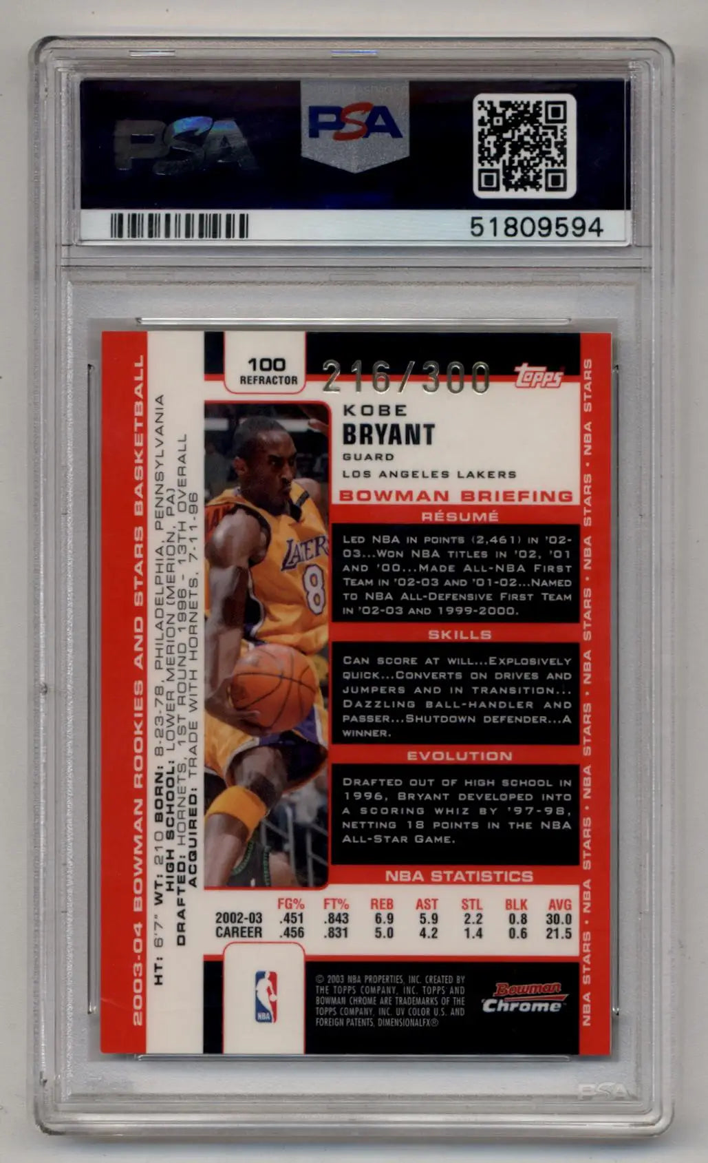 PSA-graded Kobe Bryant 2003-04 Bowman Rookie and Stars Chrome Refractor card in case