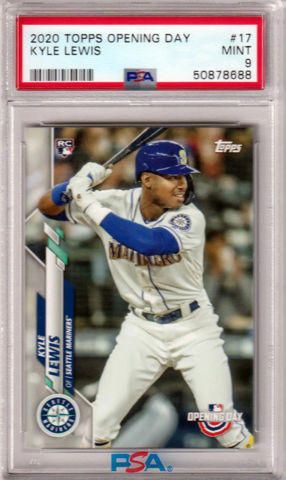 PSA-graded 2020 Topps Opening Day Kyle Lewis baseball card in protective case for Columbia Hobby