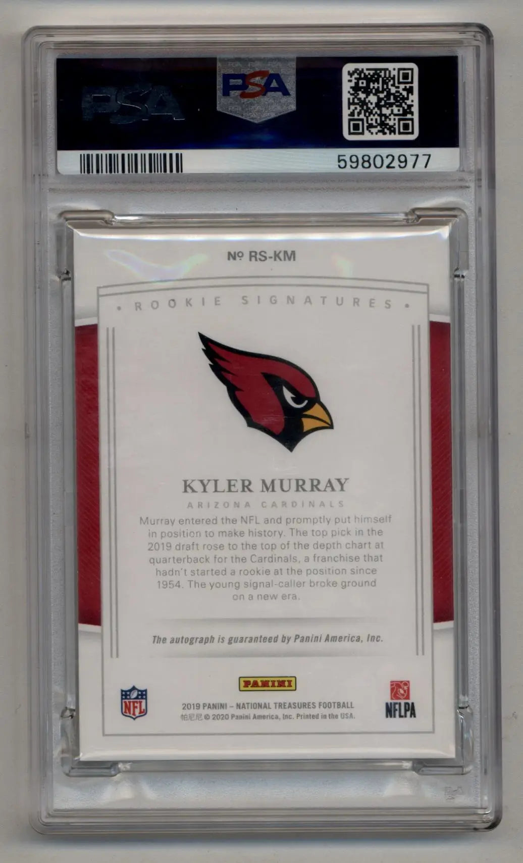 PSA-graded Kyler Murray 2019 National Treasures Rookie Auto card with Arizona Cardinals logo