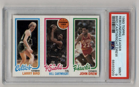 PSA-graded Larry Bird, Bill Cartwright, John Drew 1980-81 Topps sports card in Mint condition