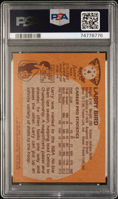 PSA-graded Larry Bird 1981 Topps #4 baseball card with orange back displaying stats