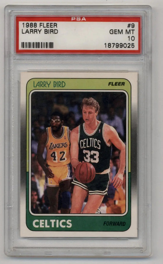 1988 Fleer Larry Bird trading card PSA 10 Gem Mint in protective case display