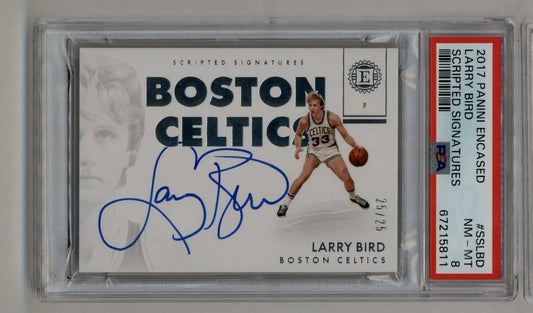 PSA-graded autographed Larry Bird Panini Encased Scripted Signatures basketball card