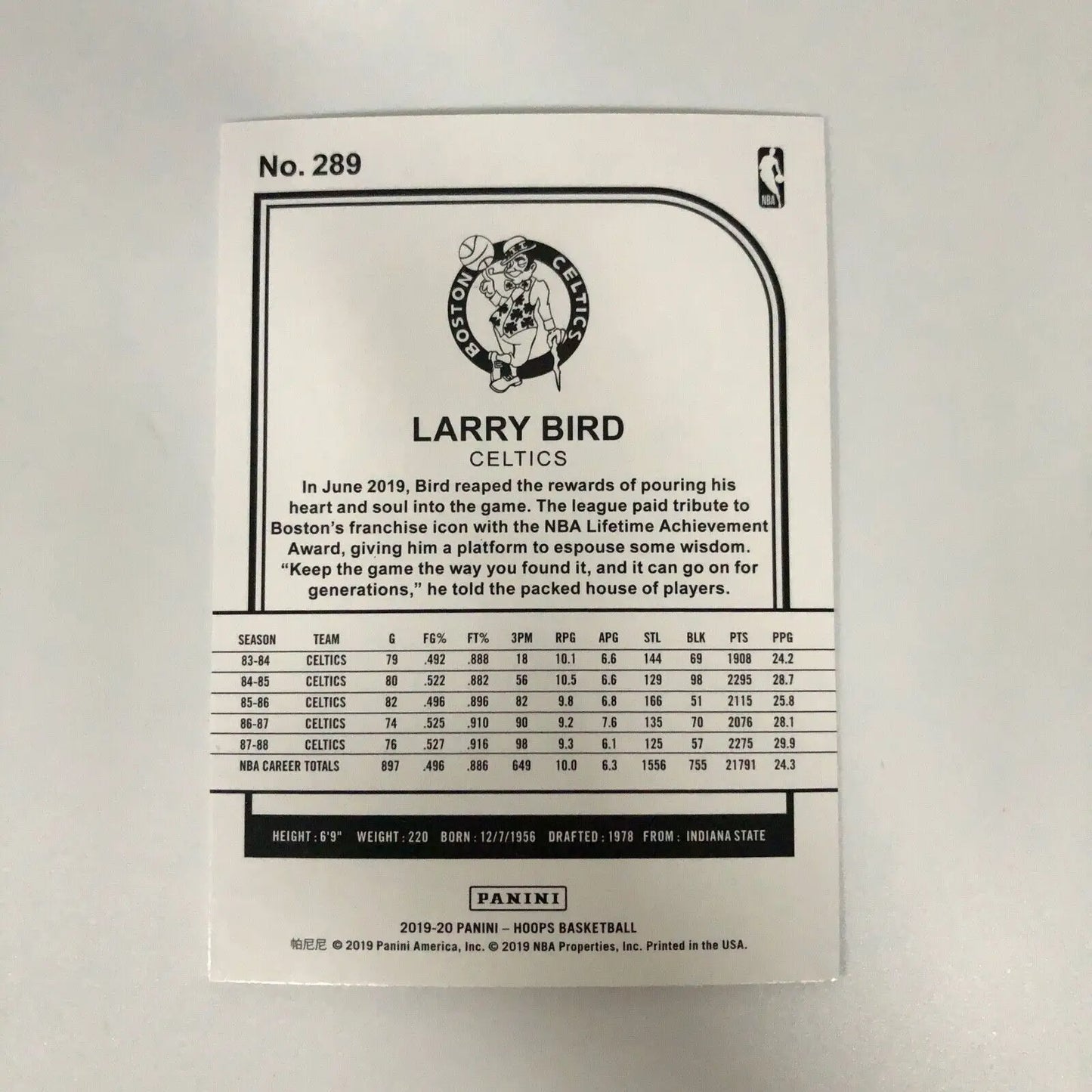 Larry Bird 2019–20 Hoops #289 Boston Celtics Basketball Card Display Edition