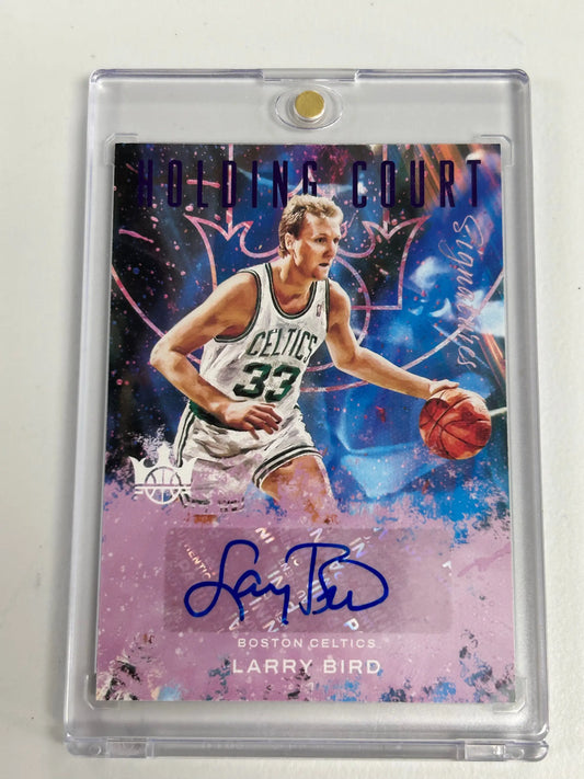 Signed Larry Bird Panini Court Kings Holding Court Basketball Card #33 in White Jersey